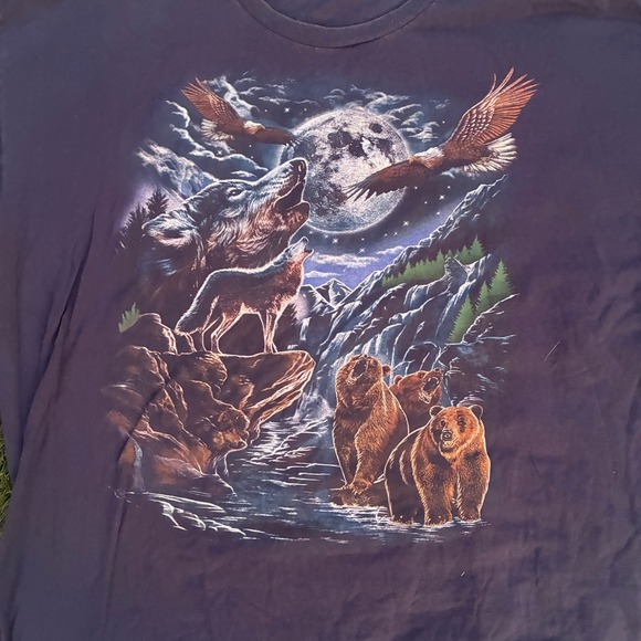 Vintage Men's 3XL Faded Black Nature Scene Wolves Bears Eagles With Full Moon - Picture 3 of 8